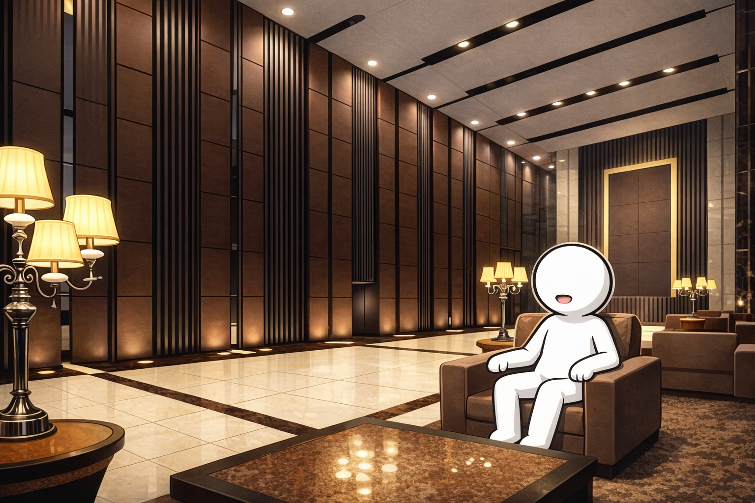 エントランスで休む棒人間